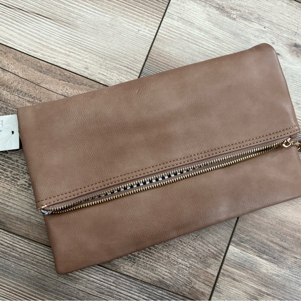 Tan Foldover Clutch with Zipper